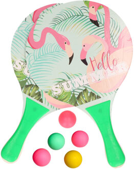 Summertime Beachball set - hout - kleurenmix - strand sport speelset - met 5x balletjes