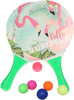 Summertime Beachball set - hout - kleurenmix - strand sport speelset - met 6x balletjes