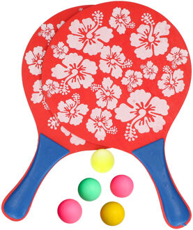 Summertime Beachball set - hout - rood - strand sport speelset - met 5x balletjes - Beachballsets