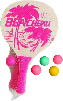 Summertime Beachball set - hout - roze - strand sport speelset - met 5x balletjes - Beachballsets