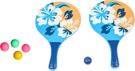 Summertime Strand Beachball set - hout - blauw - strand sport speelset - met 5x balletjes