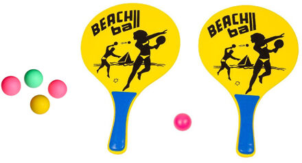 Summertime Strand Beachball set - hout - geel - strand sport speelset - met 5x balletjes