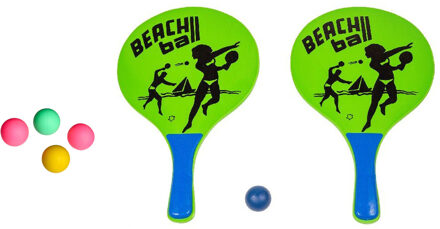 Summertime strand Beachball set - hout - groen - strand sport speelset - met 5x balletjes - Beachballsets