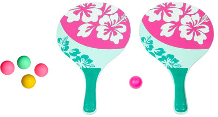 Summertime strand Beachball set - hout - roze - strand sport speelset - met 5x balletjes - Beachballsets