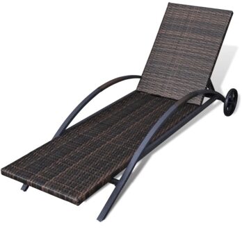 Sun Lounger with Cushion Two Wheels Poly Rattan Brown