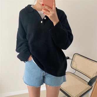 Sungtin Turn Down Kraag Button Solid Gebreide Trui Vrouwen Koreaanse Mode Zachte Warme Vrouwelijke Gebreide Trui Vintage Chic zwart