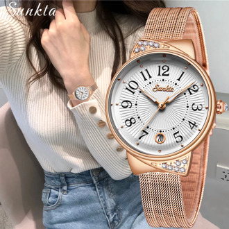 SUNKTA Women Watches Top Brand Luxury Ladies Mesh Belt Ultrathin Watch Stainless Steel Waterproof Clock Quartz Watch Reloj Mujer