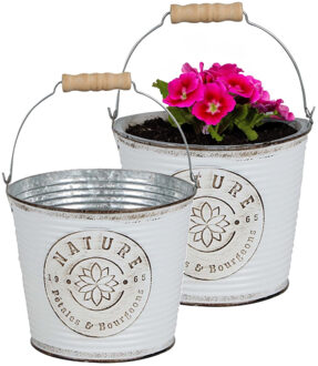 Sunnydays Plantenpot/bloempot emmer voor buiten - 2x - zink - ivoorwit - D17 x H14 cm
