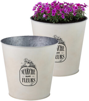 Sunnydays Plantenpot/bloempot emmer voor buiten - 2x - zink - ivoorwit - D23 x H22 cm