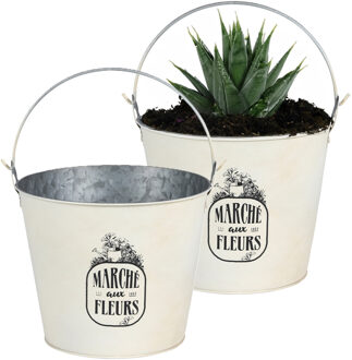 Sunnydays Plantenpot/bloempot emmer voor buiten - 2x - zink - ivoorwit - D24 x H19 cm