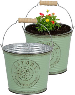 Sunnydays Plantenpot/bloempot emmer voor buiten - 2x - zink - jadegroen - D17 x H14 cm