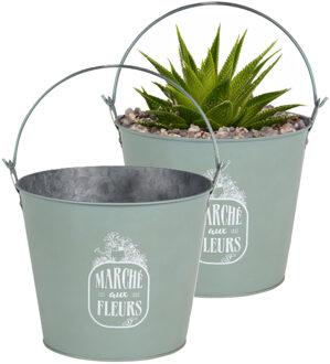 Sunnydays Plantenpot/bloempot emmer voor buiten - 2x - zink - jadegroen - D24 x H19 cm