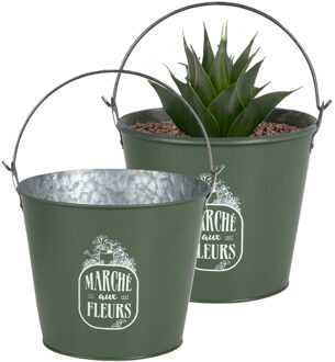 Sunnydays Plantenpot/bloempot emmer voor buiten - 2x - zink - legergroen - D24 x H19 cm