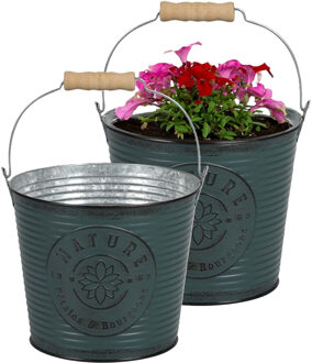 Sunnydays Plantenpot/bloempot emmer voor buiten - 2x - zink - petrolblauw - D17 x H14 cm