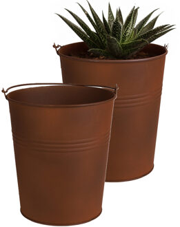 Sunnydays Plantenpot/bloempot emmer voor buiten - 2x - zink - roestbruin - D13 x H14 cm