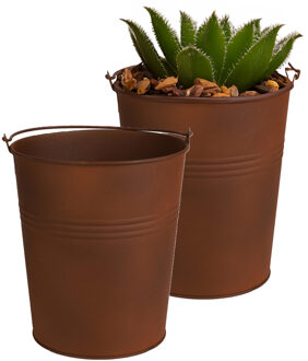 Sunnydays Plantenpot/bloempot emmer voor buiten - 2x - zink - roestbruin - D15 x H16 cm