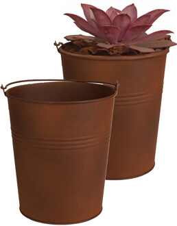 Sunnydays Plantenpot/bloempot emmer voor buiten - 2x - zink - roestbruin - D20 x H22cm
