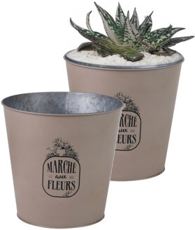 Sunnydays Plantenpot/bloempot emmer voor buiten - 2x - zink - taupe - D23 x H22 cm