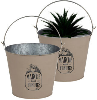 Sunnydays Plantenpot/bloempot emmer voor buiten - 2x - zink - taupe - D24 x H19 cm