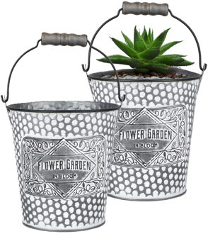 Sunnydays Plantenpot/bloempot emmer voor buiten - 2x - zink - zilver - D12.5 x H13 cm