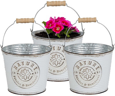 Sunnydays Plantenpot/bloempot emmer voor buiten - 3x - zink - ivoorwit - D17 x H14 cm