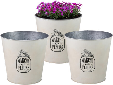 Sunnydays Plantenpot/bloempot emmer voor buiten - 3x - zink - ivoorwit - D23 x H22 cm