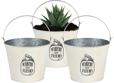 Sunnydays Plantenpot/bloempot emmer voor buiten - 3x - zink - ivoorwit - D24 x H19 cm