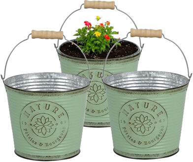 Sunnydays Plantenpot/bloempot emmer voor buiten - 3x - zink - jadegroen - D17 x H14 cm