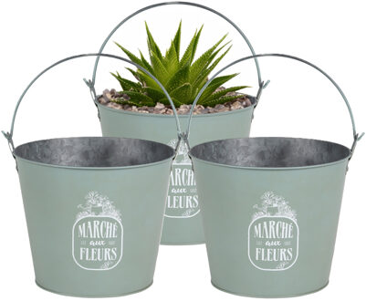 Sunnydays Plantenpot/bloempot emmer voor buiten - 3x - zink - jadegroen - D24 x H19 cm