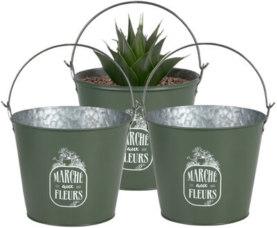 Sunnydays Plantenpot/bloempot emmer voor buiten - 3x - zink - legergroen - D24 x H19 cm