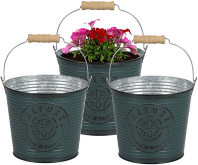 Sunnydays Plantenpot/bloempot emmer voor buiten - 3x - zink - petrolblauw - D17 x H14 cm