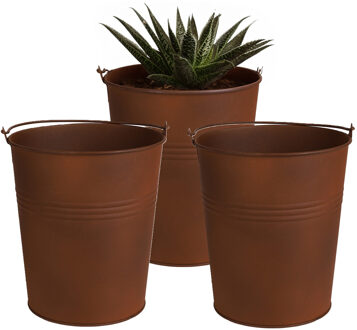 Sunnydays Plantenpot/bloempot emmer voor buiten - 3x - zink - roestbruin - D13 x H14 cm