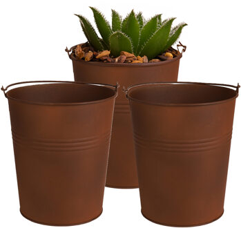 Sunnydays Plantenpot/bloempot emmer voor buiten - 3x - zink - roestbruin - D15 x H16 cm