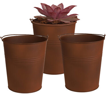 Sunnydays Plantenpot/bloempot emmer voor buiten - 3x - zink - roestbruin - D20 x H22cm