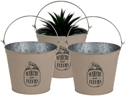 Sunnydays Plantenpot/bloempot emmer voor buiten - 3x - zink - taupe - D24 x H19 cm