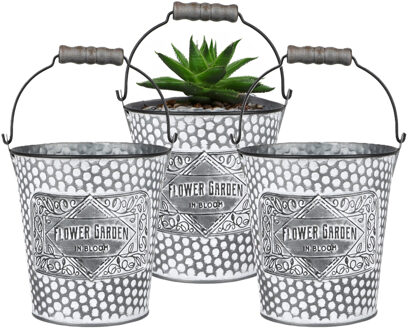Sunnydays Plantenpot/bloempot emmer voor buiten - 3x - zink - zilver - D12.5 x H13 cm