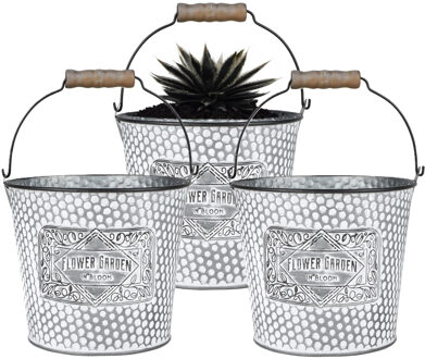 Sunnydays Plantenpot/bloempot emmer voor buiten - 3x - zink - zilver - D17 x H14 cm
