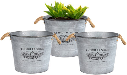 Sunnydays Plantenpot/bloempot emmer voor buiten - 3x - zink - zilver - D38 x H31 cm