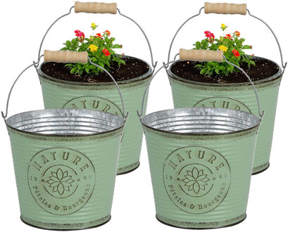 Sunnydays Plantenpot/bloempot emmer voor buiten - 4x - zink - jadegroen - D17 x H14 cm