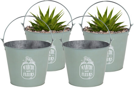 Sunnydays Plantenpot/bloempot emmer voor buiten - 4x - zink - jadegroen - D24 x H19 cm