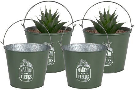 Sunnydays Plantenpot/bloempot emmer voor buiten - 4x - zink - legergroen - D24 x H19 cm