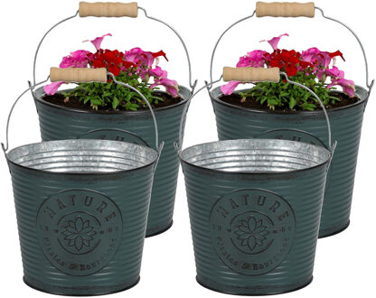 Sunnydays Plantenpot/bloempot emmer voor buiten - 4x - zink - petrolblauw - D17 x H14 cm