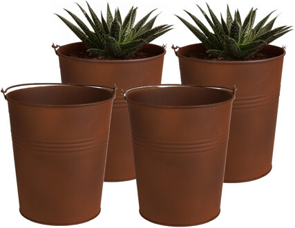 Sunnydays Plantenpot/bloempot emmer voor buiten - 4x - zink - roestbruin - D13 x H14 cm
