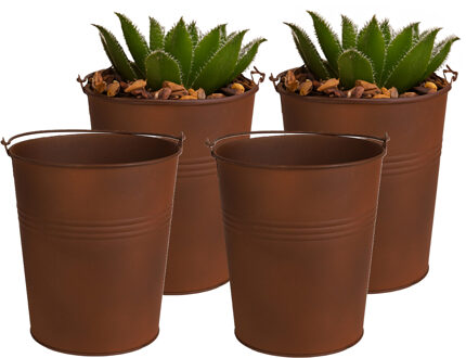 Sunnydays Plantenpot/bloempot emmer voor buiten - 4x - zink - roestbruin - D15 x H16 cm