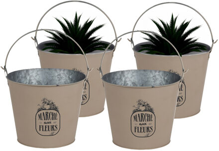 Sunnydays Plantenpot/bloempot emmer voor buiten - 4x - zink - taupe - D24 x H19 cm