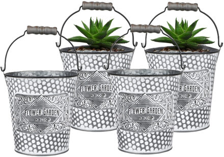 Sunnydays Plantenpot/bloempot emmer voor buiten - 4x - zink - zilver - D12.5 x H13 cm