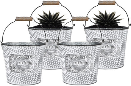 Sunnydays Plantenpot/bloempot emmer voor buiten - 4x - zink - zilver - D17 x H14 cm