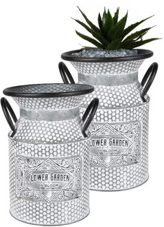 Sunnydays Plantenpot/bloempot melkbus voor buiten - 2x - zink - zilver - D18 x H26 cm