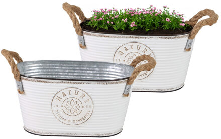 Sunnydays Plantenpot/bloempot teil voor buiten - 2x - zink - ivoorwit - L24 x D14 x H12 cm