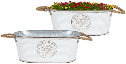 Sunnydays Plantenpot/bloempot teil voor buiten - 2x - zink - ivoorwit - L35 x D19 x H14 cm